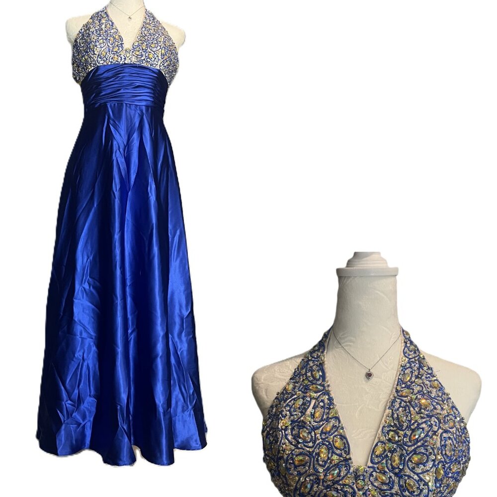 Royal Blue Y2K Beaded Halter Prom Gown Formal Dress Size 6